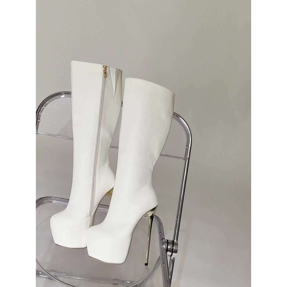 1Pr Elegant White Knee-High Boots For Women - 17Cm Ultrahigh Stiletto Heel, Round Toe, Solid Color, All-Season, Comfortable Riding Boot With Fabric In