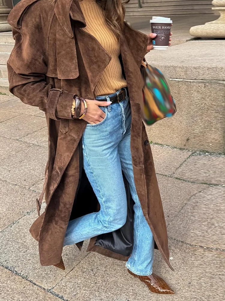 Vintage Brown Suede Jacket for Women Double Breasted Turndown Collar Outerwear with Belt Autumn Casual Office Lady Coats 251021