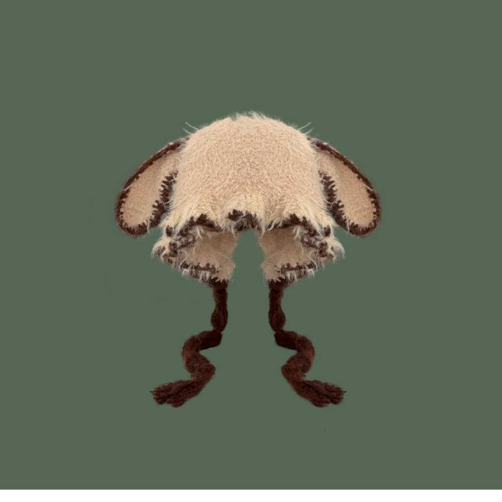 New Japanese Style Furry Ear Flap Hat with Tie Closure Womens Warm Knit Winter Cap in Lei Feng Style for a FaceSlimming LookL251024