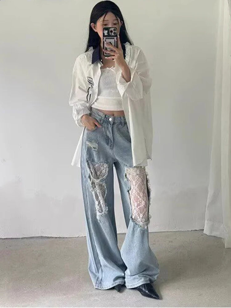 2025 Womens Y2K American Style High Waist Lace Spliced Denim Pants Loose Wide Leg Trousers Fashion tie Hole Patchwork Jeans 251023