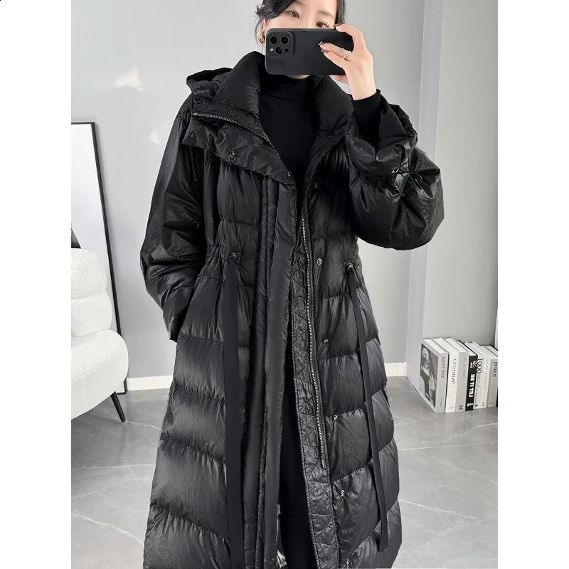 Super Long Warm Thickened Down Jacket Temperament Womens Clothing Hooded Foreign Style White Duck Coat 251018