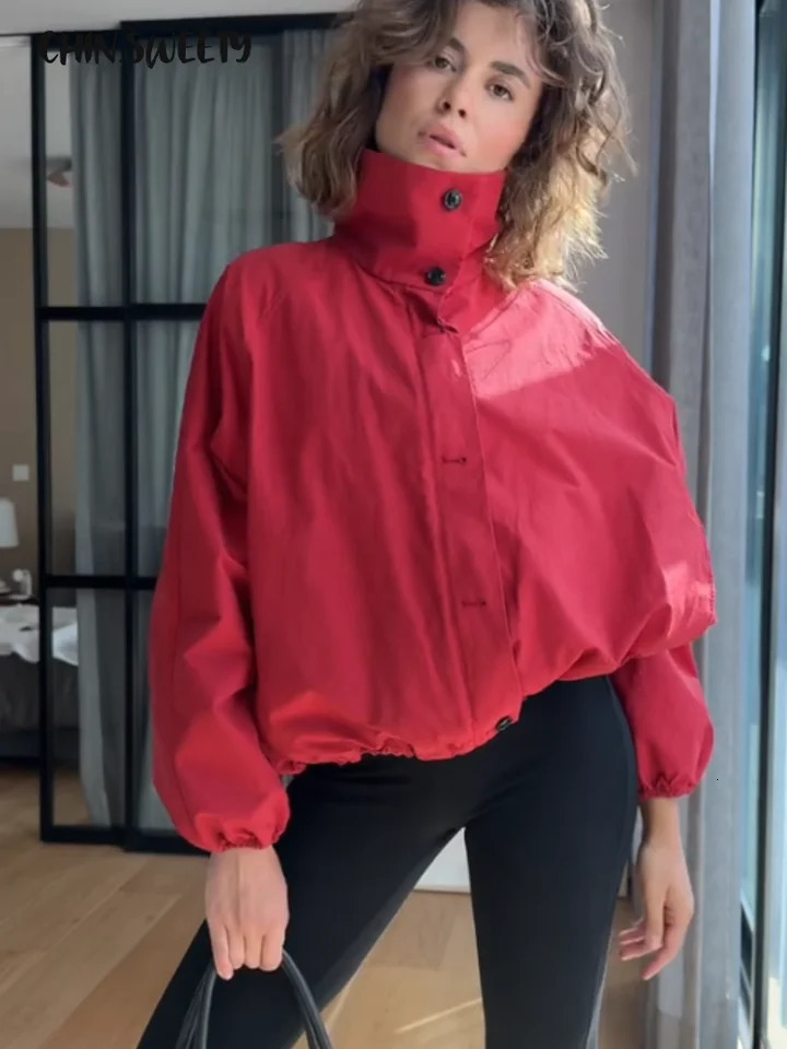 Casual Solid Womens Bomber Jackets Loose Zipper Single Breasted Stand Collar Lady Coats 2025 Autumn Fashion Female Jacket251018