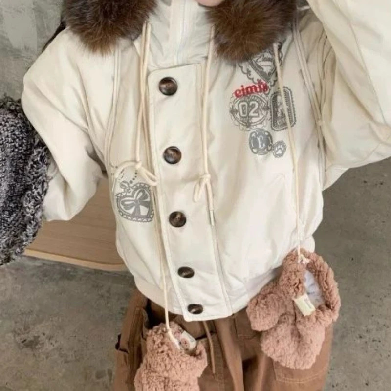Streetwear Winter Printing Warm Women Parkas Harajuku Loose Casual Fur Patchwork Hooded Jacket Y2k Aesthetic Button Grunge Coat 251023