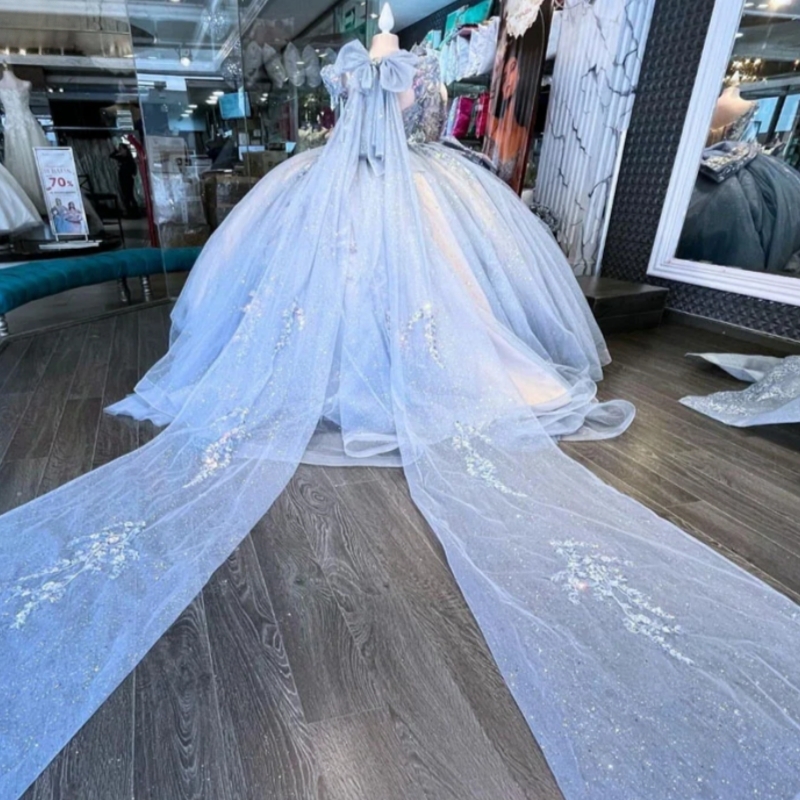 Blue Shiny Quinceanera Dresses Girls Off Shoulder Luxury Tassel Sweet 15 16 Prom Dress Glitter Gold Beaded Ball Gown