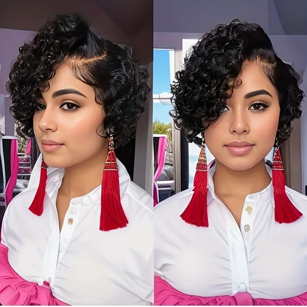 Women'S Black Human Hair Curly Bob Wig with 13x4 Front Elastic Band Density Water Wave Texture, Short Pixie Cut Style, Breathable Lace Base Comfo