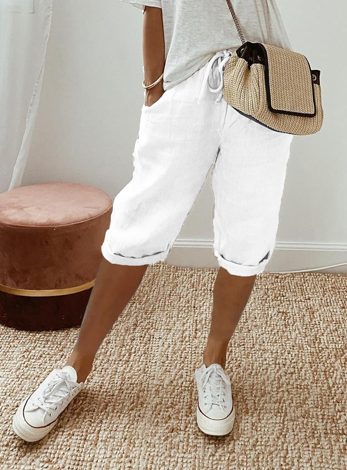 2025 Cotton Linen Pocket Elastic Casual Women's Shorts Five-Point Pants