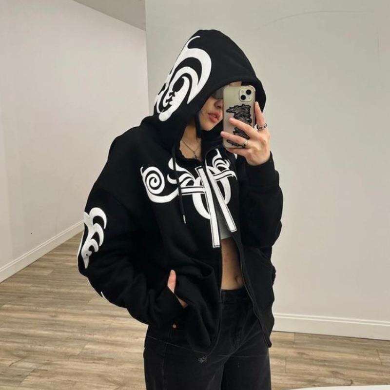 2025 Autumn Winter Gothic Harajuku Trendy Brand Letter Pattern Printed Hoodie Long Zipper Sweatshirt Jacket