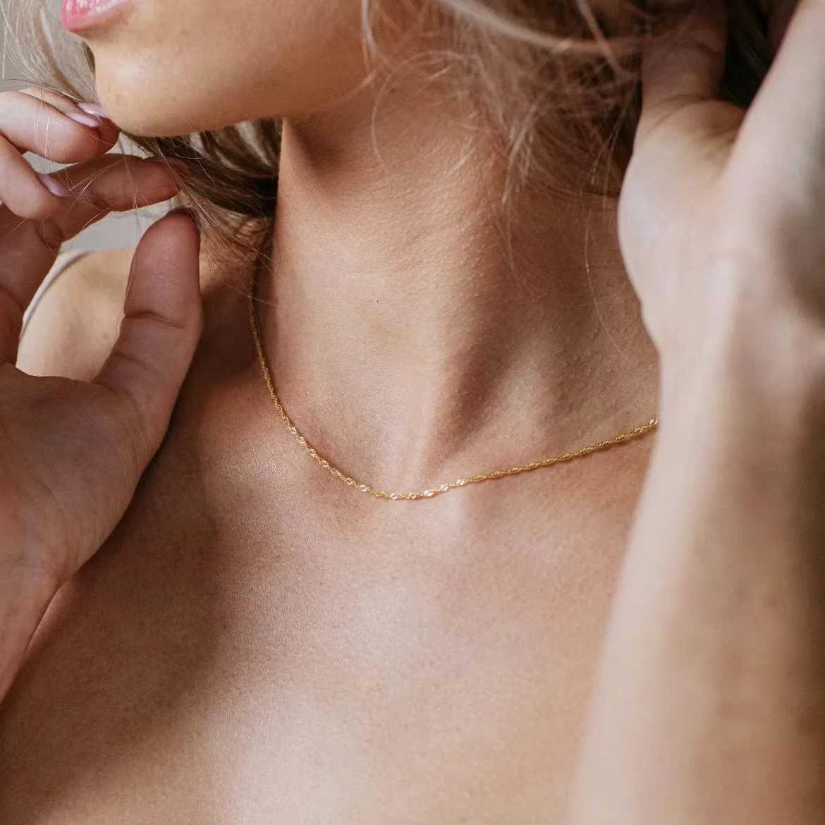 Exquisite Gold Plated Stainl Steel Thin Chain Necklace for Women Simple Style Clavicle Chain Female JewelryXJ251024