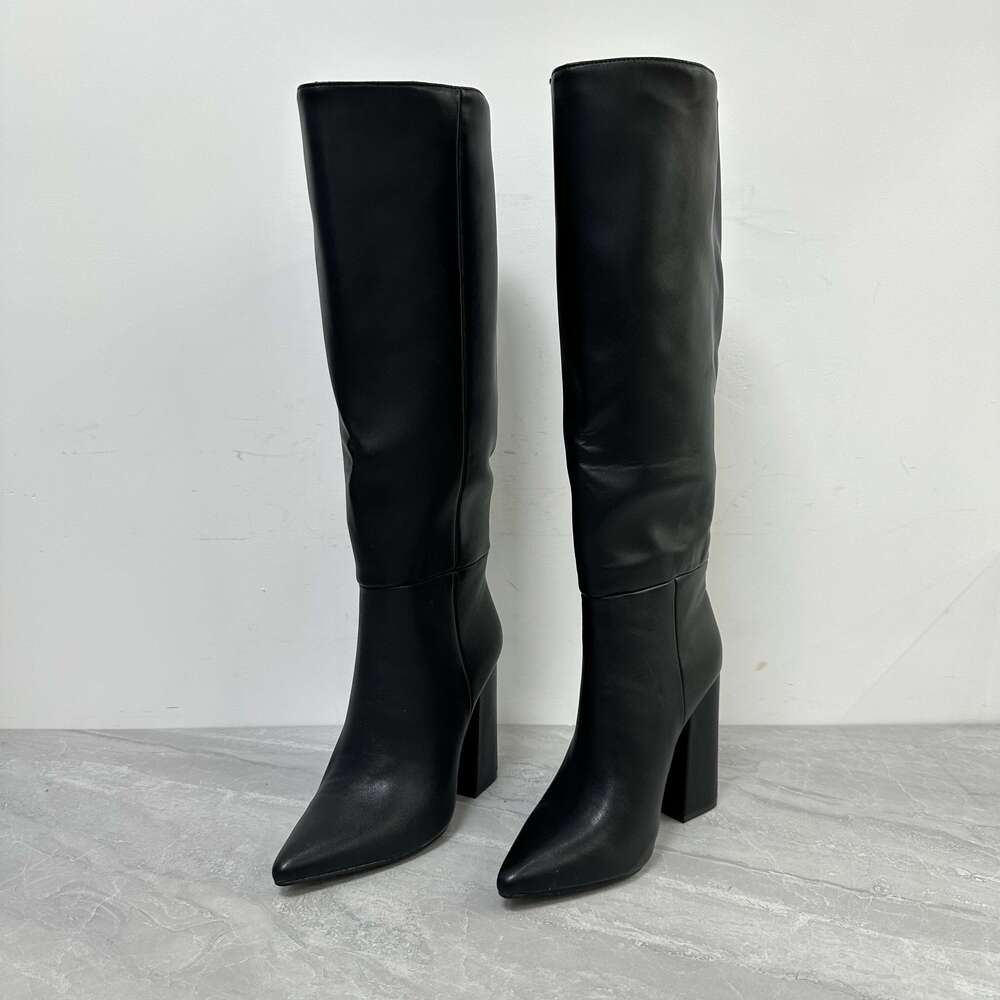 Women's Black Pointed Toe Chunky Knee-High Boots - Slip-On Faux Cover Party & Evening Gown With Ankle Strap, Ultra-High Heel For Winter Events, F