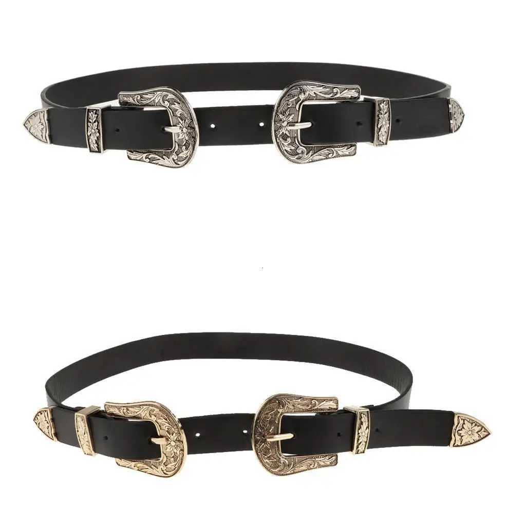 Womens Skinny Slim Retro Vintage Leather Double Buckle Belt Waist Strap for a Western Style Outfit or Casual Jean Belt W251024