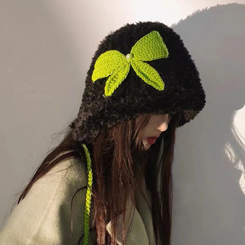 Handmade Crochet Bowknot Plush Hat for Women, Warm Ear Protection Thickened Knitted Lei Feng Hat, Autumn Winter Cold Trend