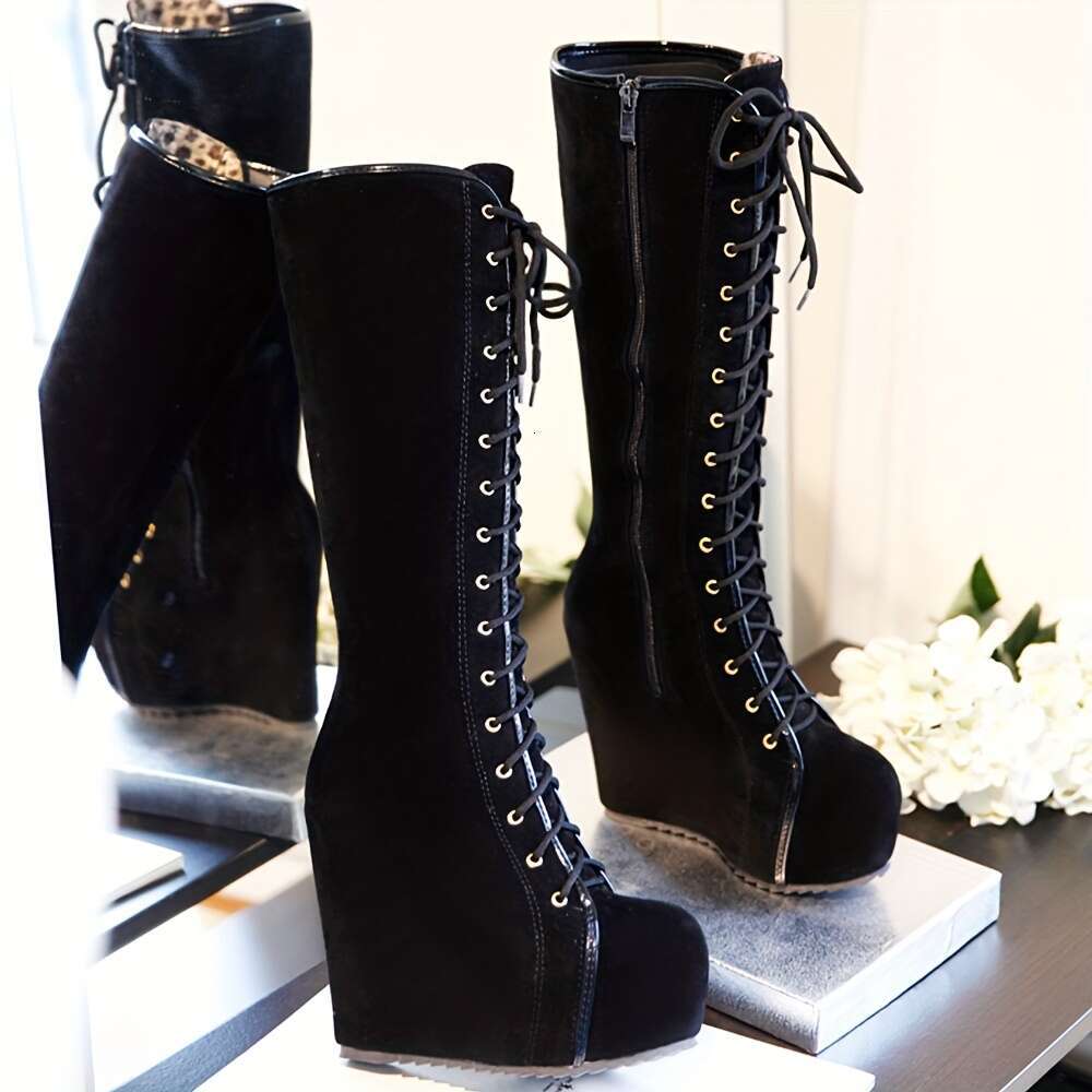 EROCALLI Women's Gothic Y2k Platform Wedge Knee-High Boots - Chunky Lace-Up With Side Zipper, Faux Cover Rubber Sole For Casual & Daily Wear, Hig