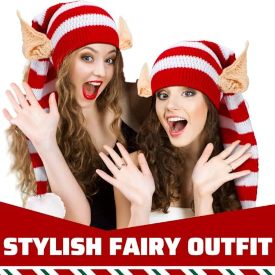 Christmas Knitted Elf Hats with Ears for Adults Women Men Red and White Elf Beanie Crochet Long Santa Hats Beanie Elf Costume A 251023
