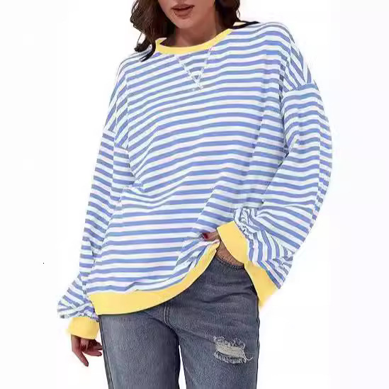 2025 Autumn Winter New Season Simple Home Casual Loose Striped Pattern Round Neck Long Sleeve Pullover Color Block T-Shirt
