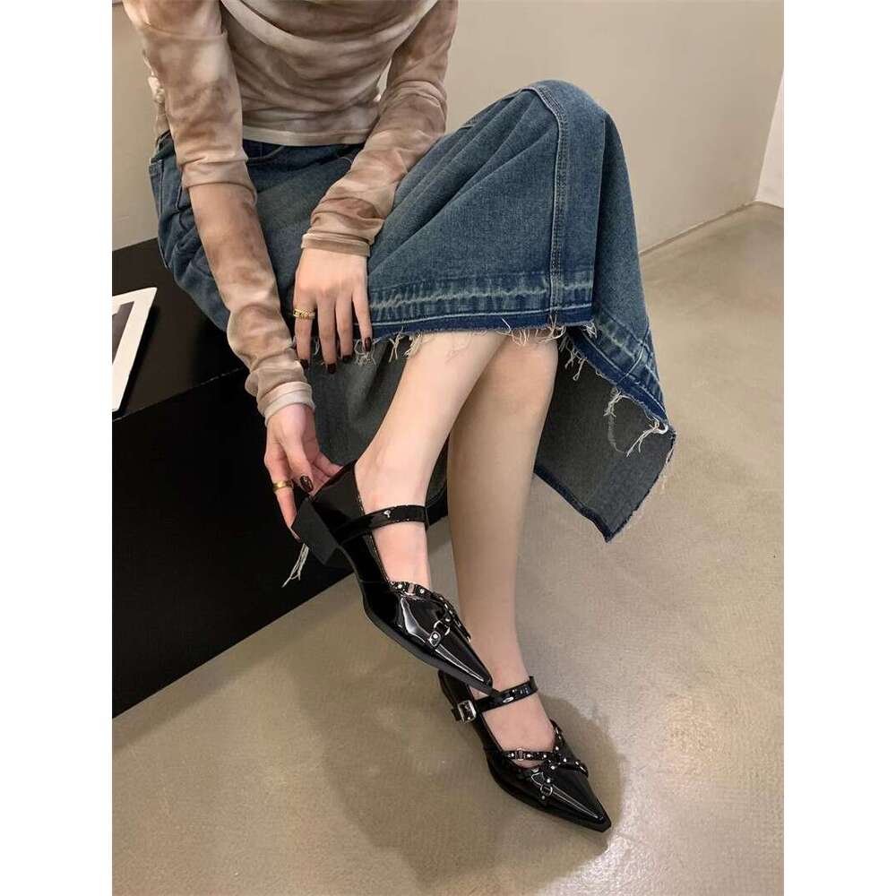 Punk Style Pointed Toe for Women 2025 New Spring Autumn Mary Jane Small Leather Niche Chunky Heel Black Designer Shoe Single Shoes