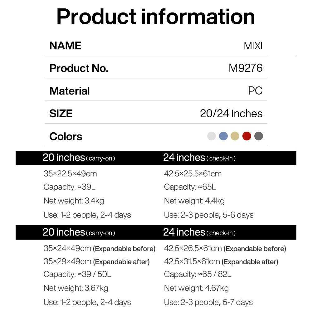 MIXI Expandable Carry On Luggage Lightweight Large Capacity Wide Handle PC Travel Suitcases Spinner Wheels TSA Lock 20 24 InchW251024