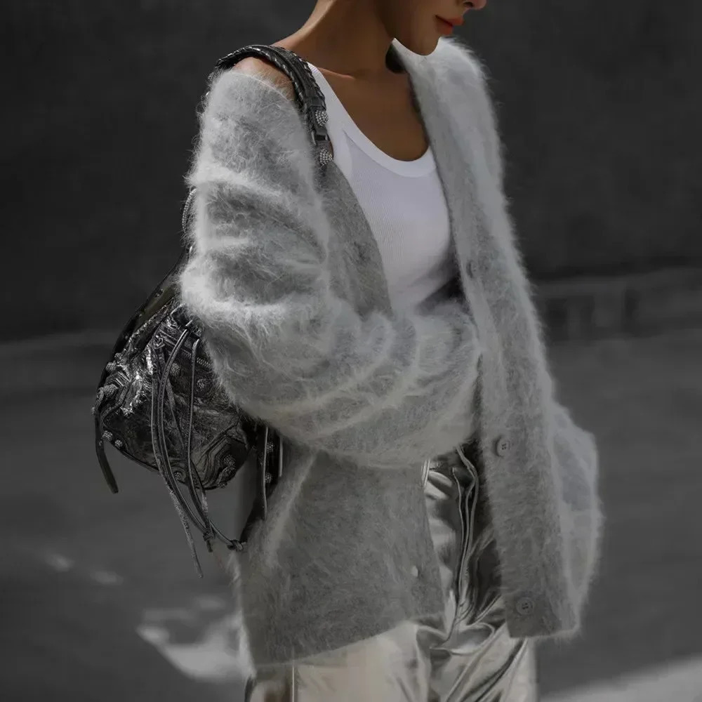 Womens Cardigans Korean Fashion Vneck Sweater Coat Long Sleeve Oversized Sweater Female Buttons Solid Knitted Jacket Women 251013