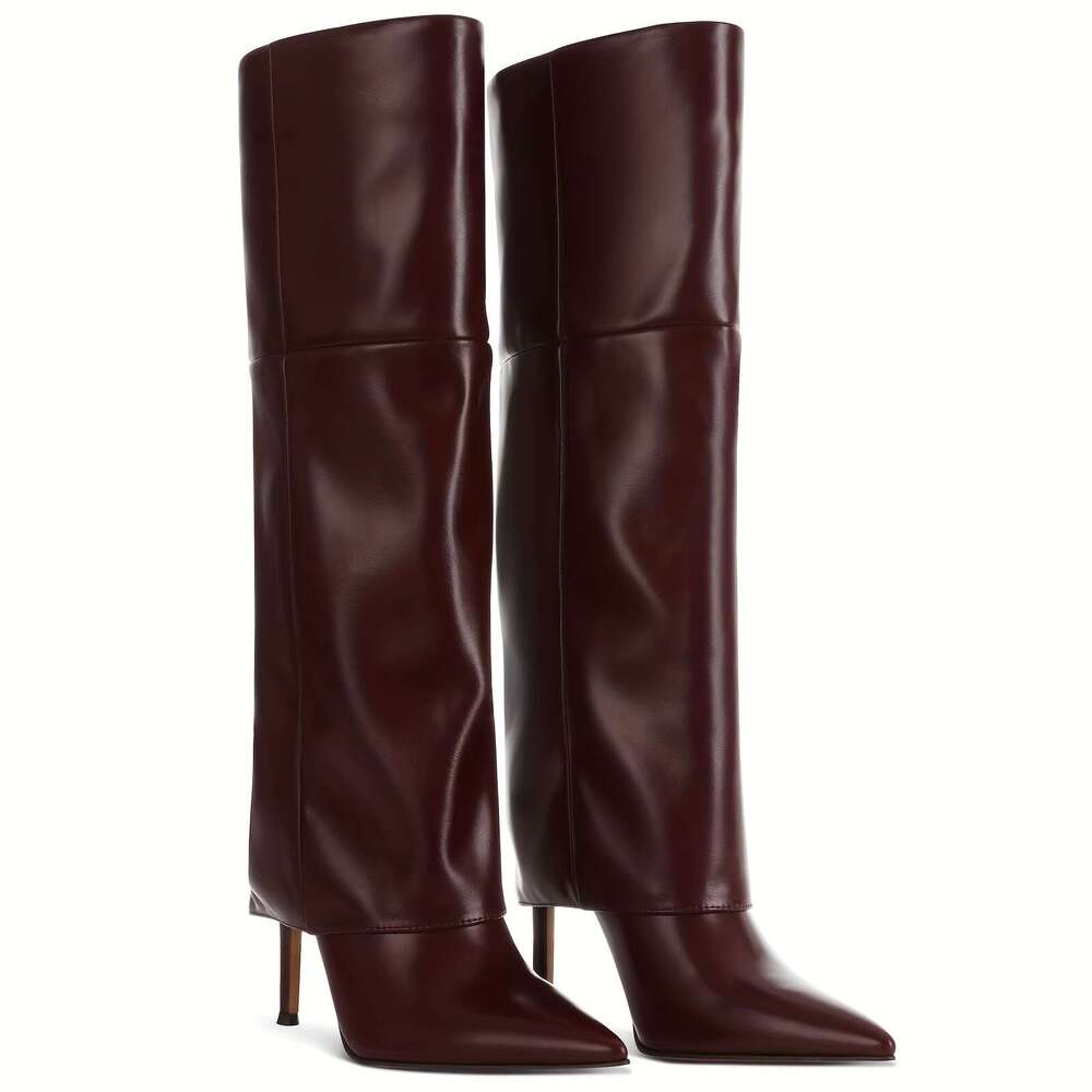 Women's Knee High Stiletto Heel Boots Fold Over Pointed Toe Pull On Design Shoes Wide Calf Sexy Fashion Party Dress Tall Booties