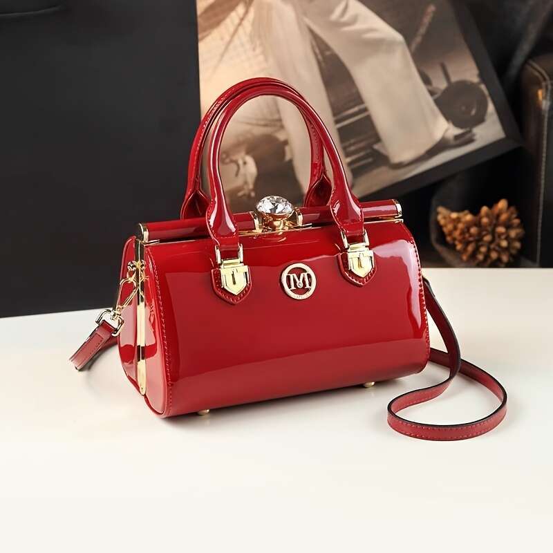 2025 New Style Pillow Women's Bag, Fashionable Hand Carry, Shoulder And Handbag, Rhinestone Clip, Glossy Leather Bag