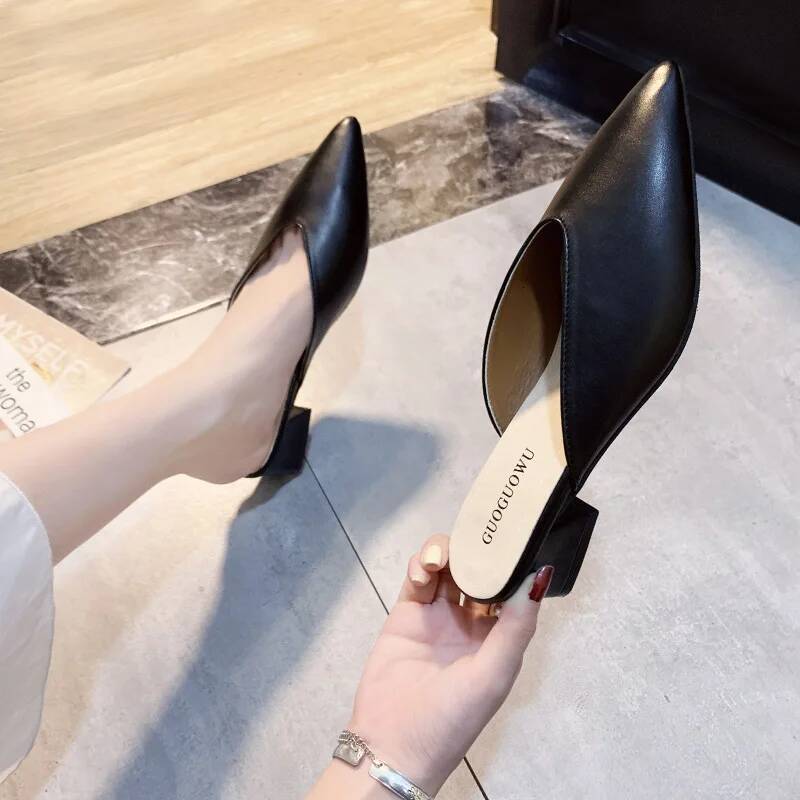 Pointed Slippers Women High Heels New Summer Fashion Square Heel Slides Slip Loafers Mules Black Female Party Shoes ddmypanda