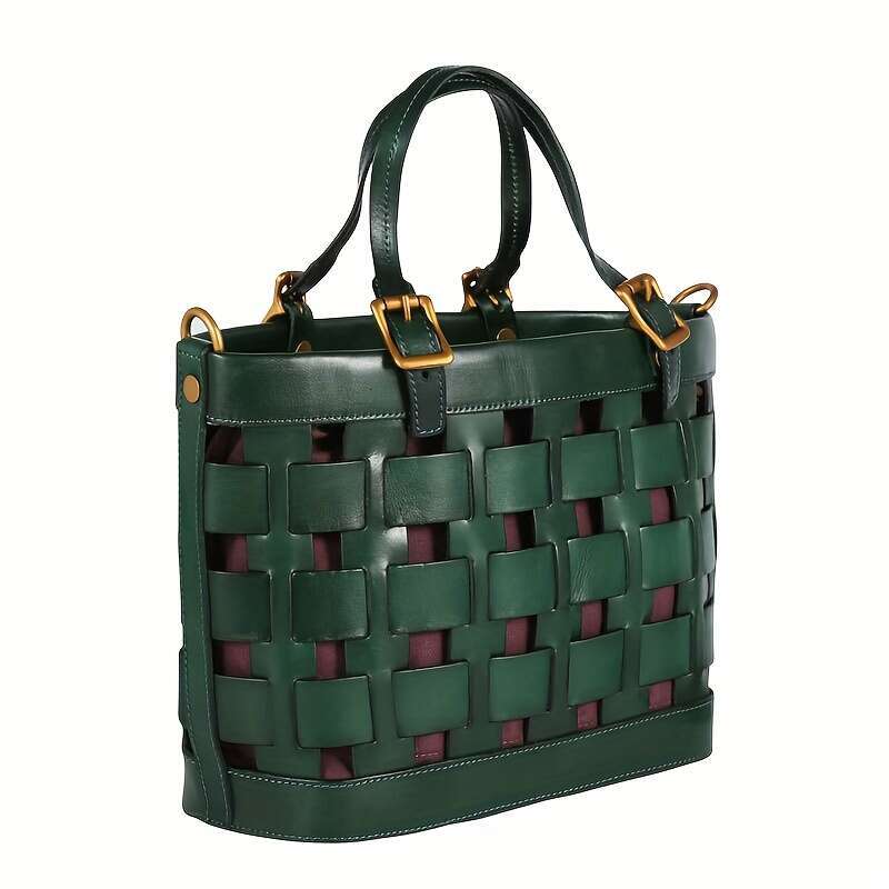 Brown Vintage Style Genuine Leather Woven Handbag For Women With Golden Accents, Zipper Closure, Polyester Lined, Shoulder & Handba