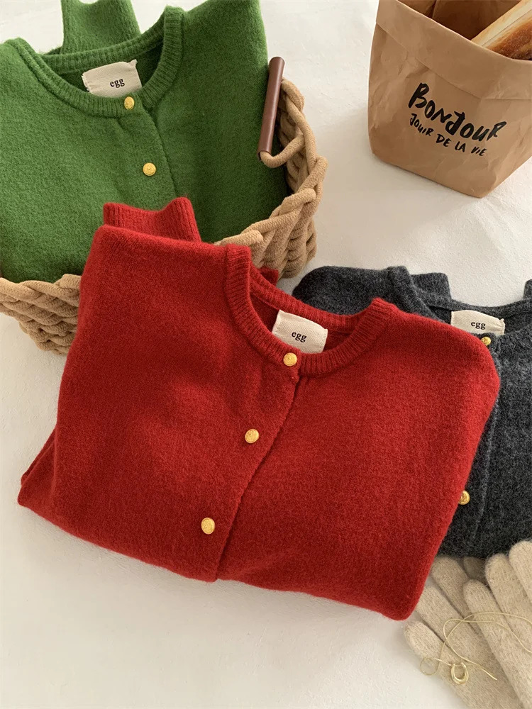 Gold Button Round Neck Knitted Sweater For Womens Autumnwinter Base Knit Cardigan 251021