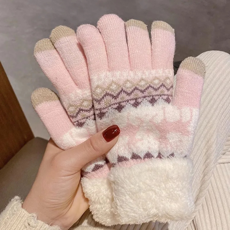 Christmas Reindeer Knitted Gloves Plush Cuff Thick Warm Glove Autumn Winter Soft Coldproof Full Finger Touchscreen Gloves 251021