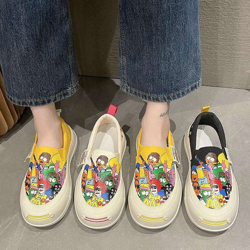 Hand-painted Stylish Canvas Shoes for Women, Loafers, Open Smile Thick-soled Slip-on Shoes, Graffiti Sports Casual Sneakers