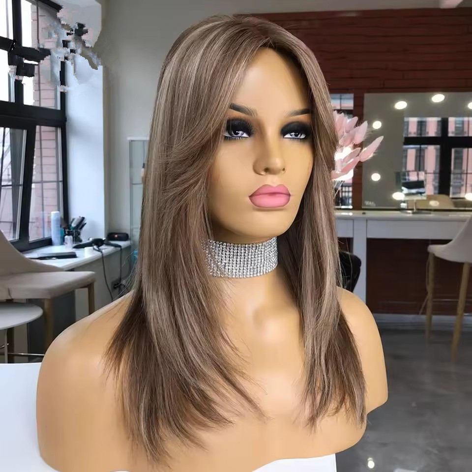 Ash Brown balayaged ombre layered Bob Wig with fluffy bang fringe Lace Front Human Hair Wigs 360 HD Lace Frontal Wig