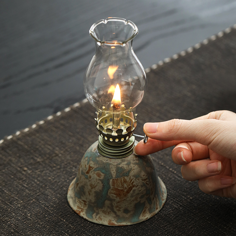 Ceramic Oil Lamp with Adjustable Wick - Vintage Hurricane Lantern for Indoor & Outdoor Use, Desk Decor, Camping Fuel Light (Kerosene Not Included), No