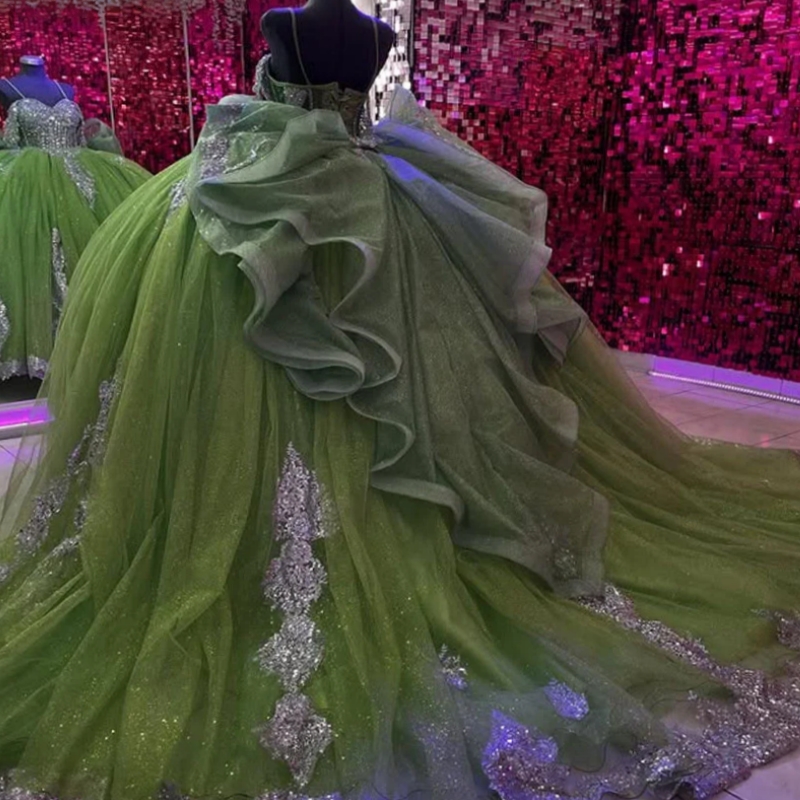 Green Shiny Off Shoulder Quinceanera Dresses Appliques Lace Beading Crystal Robe Quinceanera Rouge Sweet 16 Dress Vestidos 15 de anos