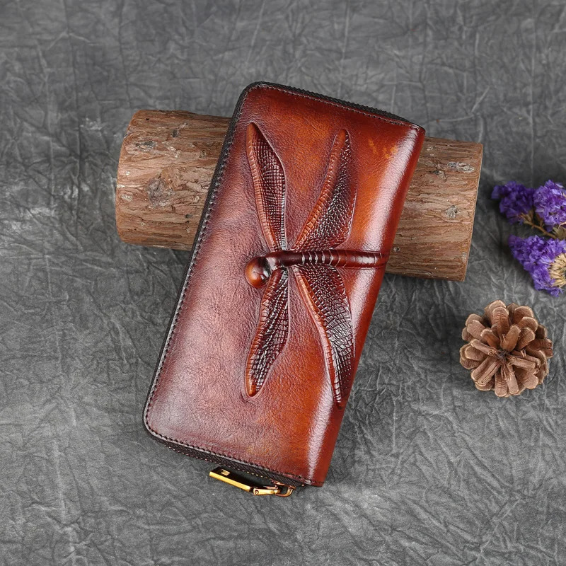Women Long Wallet Zipper Purse Genuine Leather IDCredit Card Cash Holder Dragonfly n Retro Female Cowhide Money Clutch Bag 251014