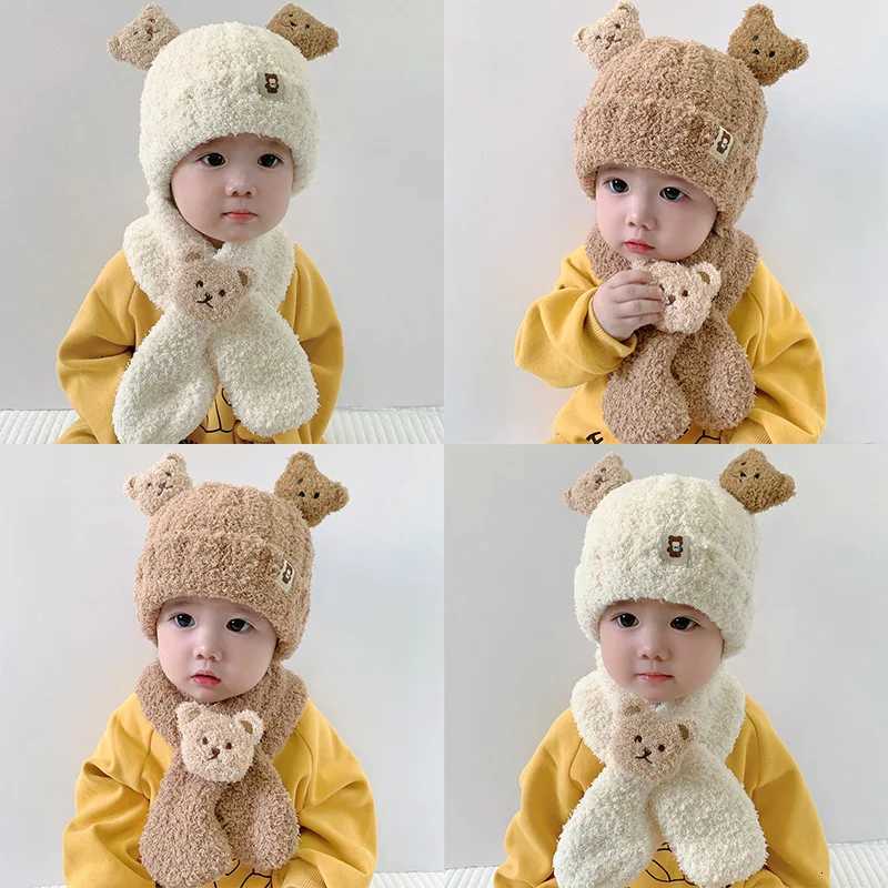 Winter Baby Plush Hat Scarf Set Cartoon Bear Beanies Warm Velvet Infant Neckerchief 624Month Kids Ear Protection Pullover CapL251024