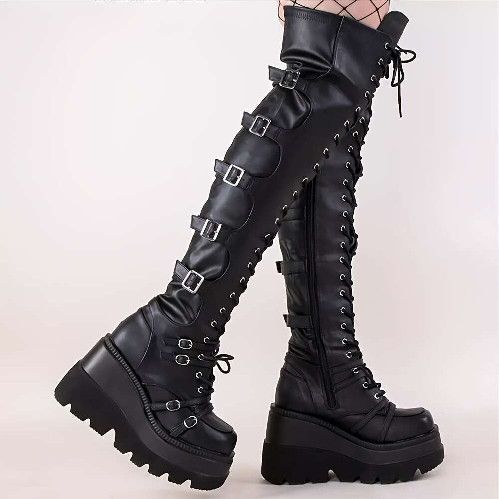 Women's Goth Wedge High Heel Platform Long Thick Round Toe Lace Up Buckle Strap Pull On Over The Knee Fashionable Cosplay Halloween Party Coffee 