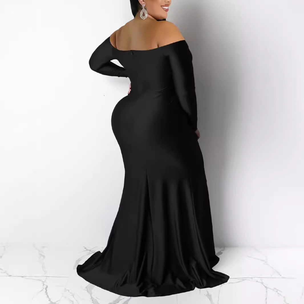 European and American designer plus size women's sexy dress nightclub V-neck formal solid color slit long skirt autumn and winter
