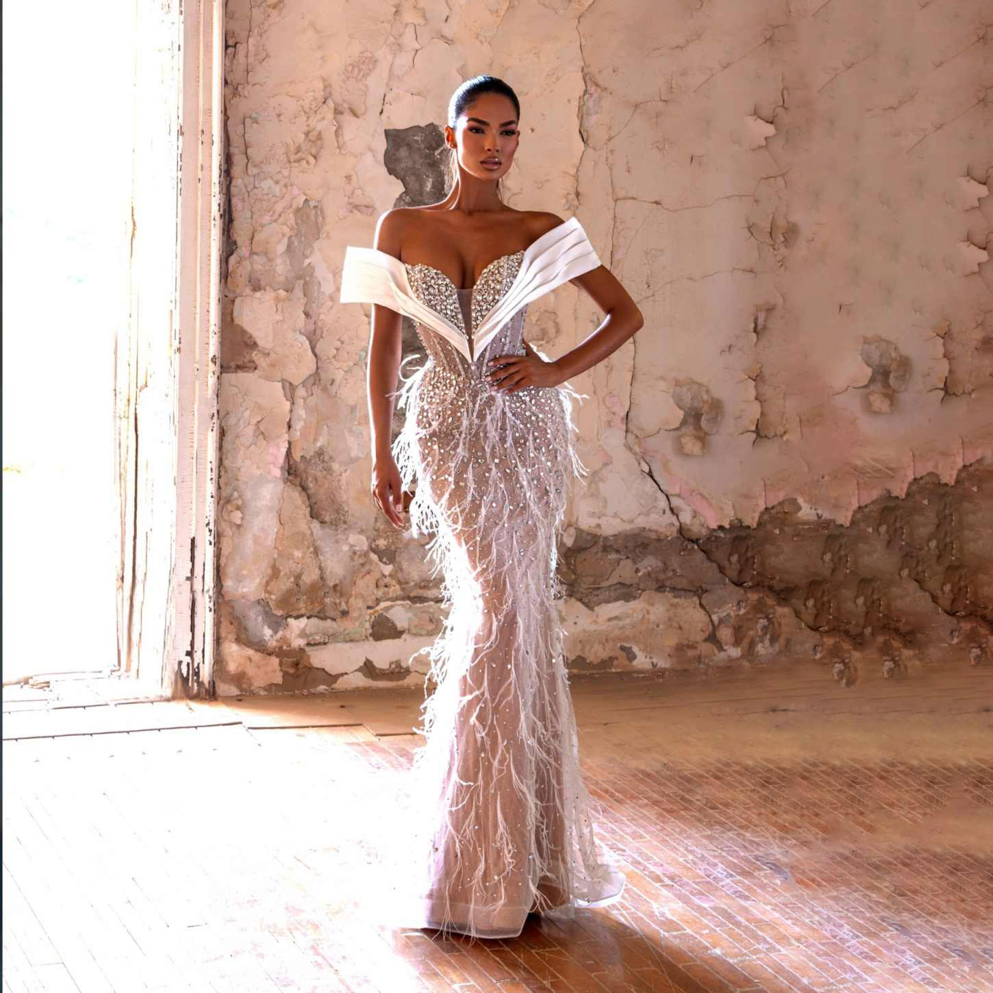 Modern Mermaid Prom Dress Sleeveless Prom Gowns Off Shoulder Beads Feather Sexy Evening Dress vestidos de novia Size Customized Special Occasion Dress