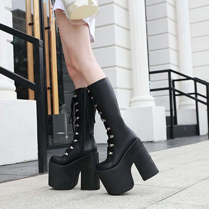 Women's Y2k Chunky Platform With Side Zipper Lace-Up Detail - Black Square Toe PU Cover High Heel Boots For Casual & Formal Wear, All-Season Comf