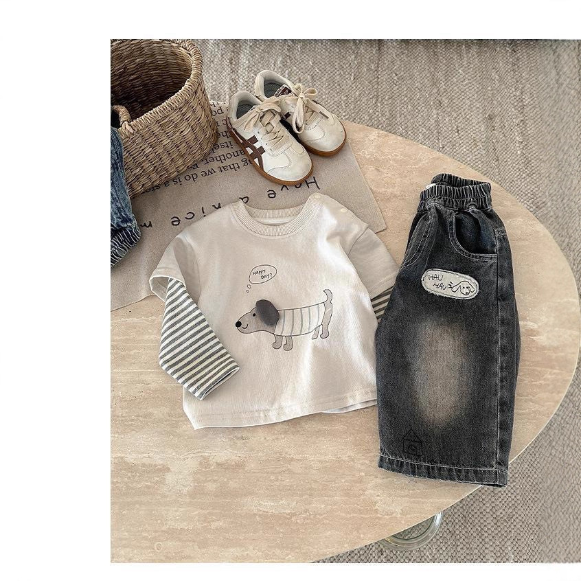 Free Shipping 2025 Trendy Boys Outfit, Mock Layered Long Sleeve Top with Denim Pants, Cool Spring / Autumn Kids Set