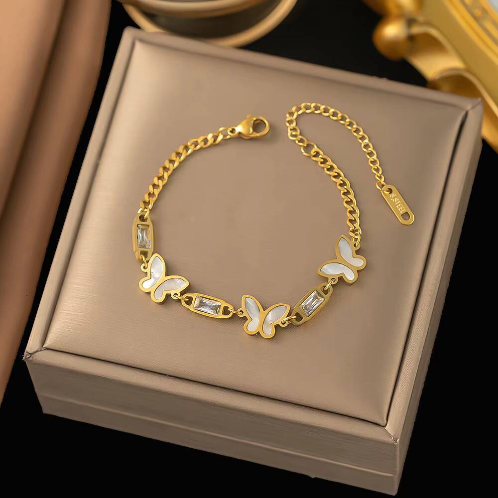 Wholesale European and American Fashion Niche Design White Butterfly Diamond Square Chain Titanium Steel Bracelet