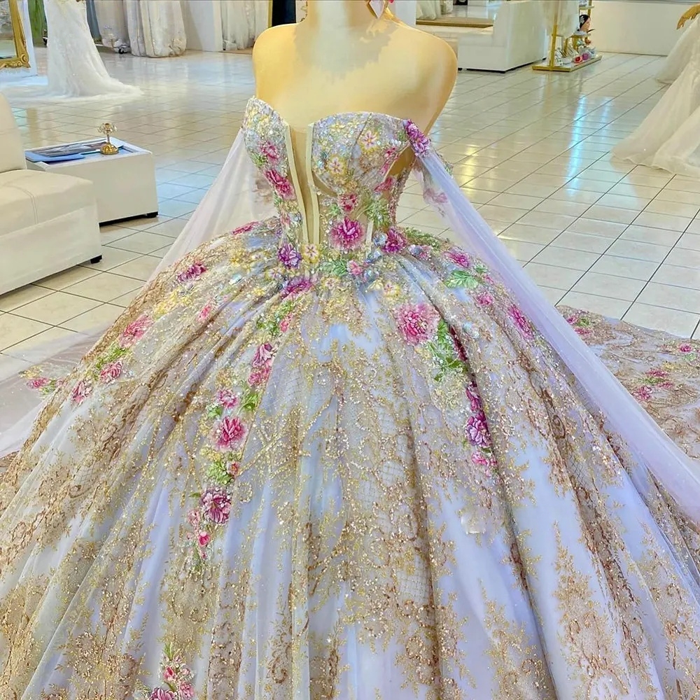 Champagne Glitter Crystal Sequined Ribbons Quinceanera Dresses Ball Gown Illusion Floral Appliques Lace Sweet 15 Anos Mexican