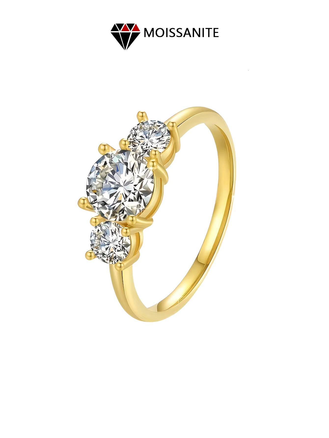 18K Gold Plated Clear Moissanite Ring Waterproof Round Three Cubic Wide Band Ring Trendy Style for Gifts