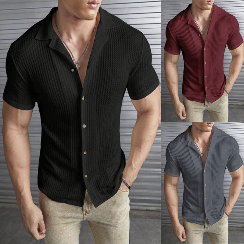 2025 Spring Summer New Men's Casual Slim Fit Top Fashion Short Sleeve Waffle T-Shirt