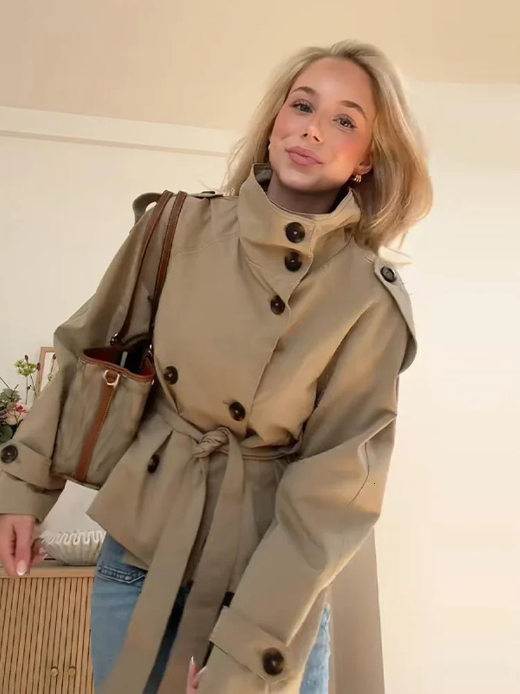 Women Solid Lace Up Trench Coat Elegant High Neck Double Breasted Full Sleeve Windbreaker Lady Fashion Street Casual Daily Coats 251021