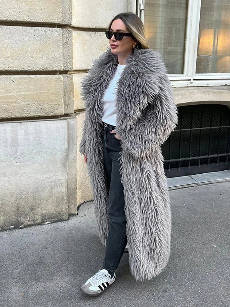 DEAT Fashion Gray Long Fur Coat Womens Lapel Loose Sleeves Plush Thick Overcoat Winter 7A1438 251018