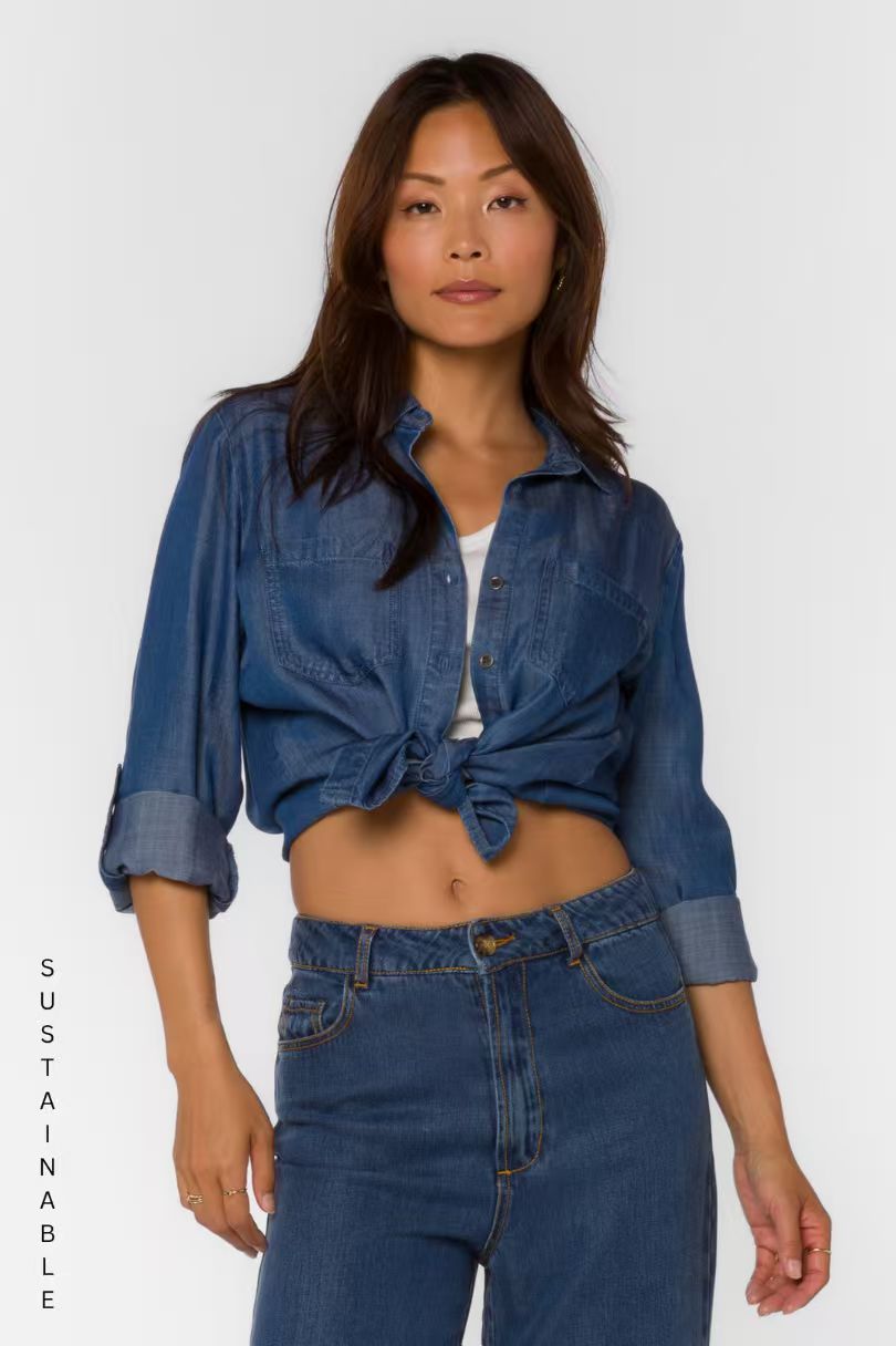Advanced women's denim button up shirt - Selena Calva shirt, an ideal choice for casual and office wear, a must-have for multifunctional and comf