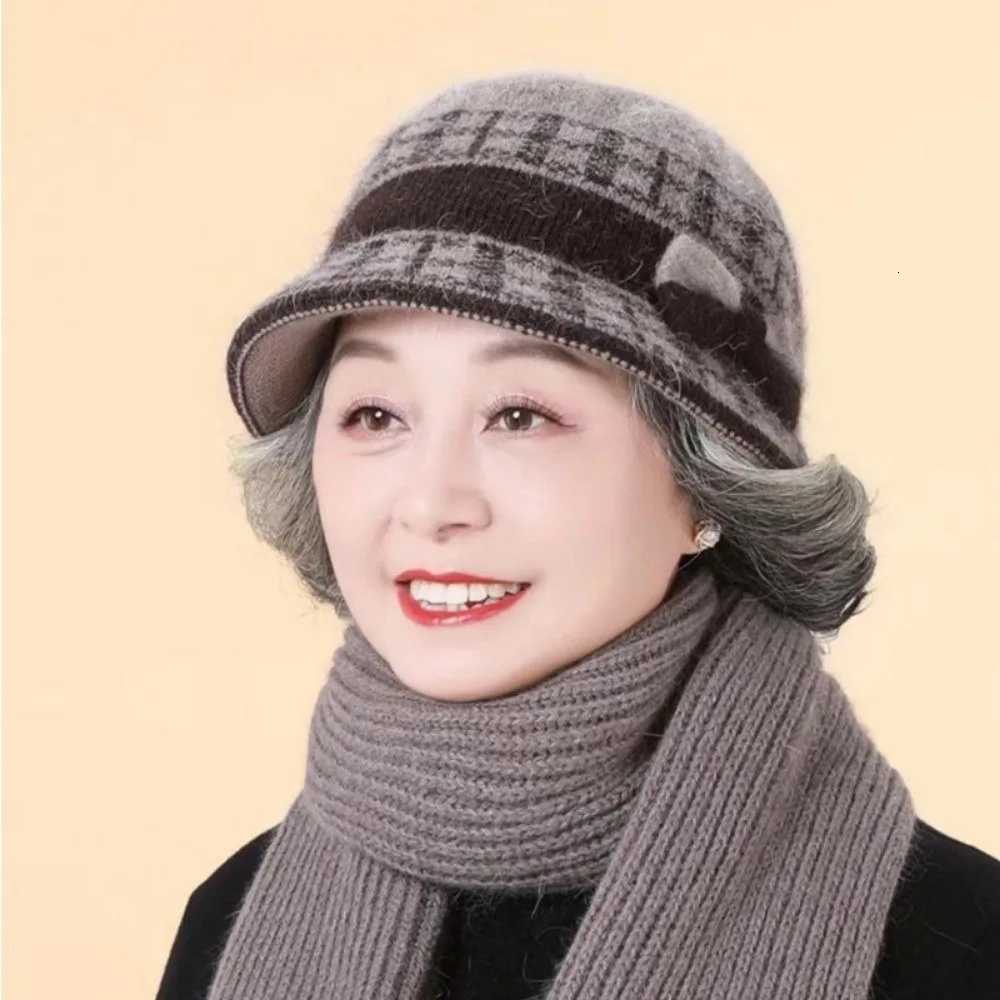Fashion Thickened Fleece Knitted Hat Winter Rabbit Fur Baseball Cap Warm Bow Basin Cap For MiddleAged and ElderlyL251024