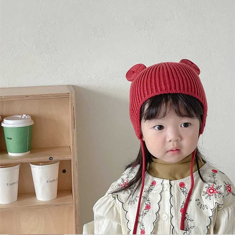 Bear Baby Ear Protection Woolen Cap Solid Color Toddler Beanie Children Knitted Hat 14 Years Boy Girl Kids Winter Warm HeadgearL251024