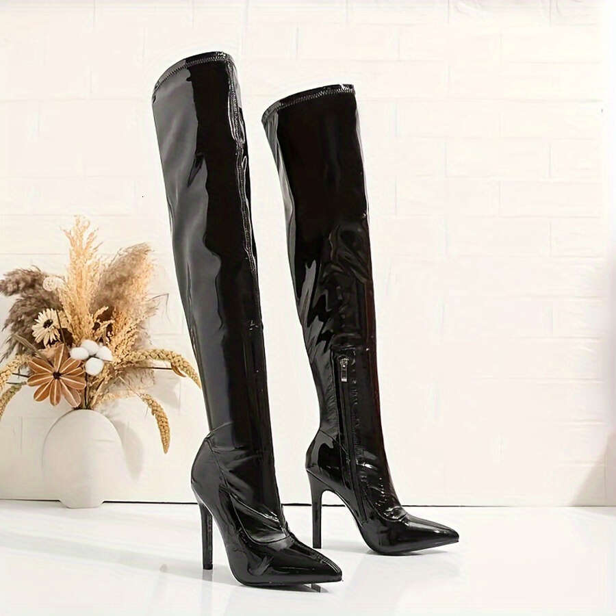 Fashionable Women's Knee High Slim High-Heeled Boots With Side Zipper Elastic Fit, Perfect For Casual And Wearing Ocns
