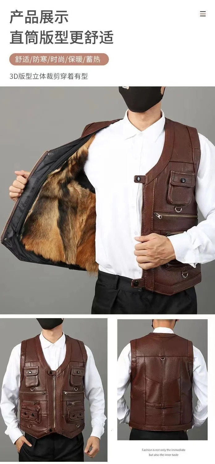 2026 Mens Genuine Leather MultiPocket Sheepskin Liner Thermal Leather Vest 251020