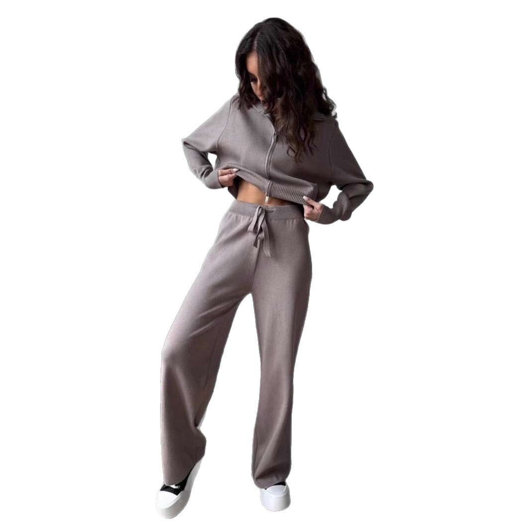 2025 Autumn New Women's Zipper Long Sleeve Casual Solid Color Knitted Two-Piece Set